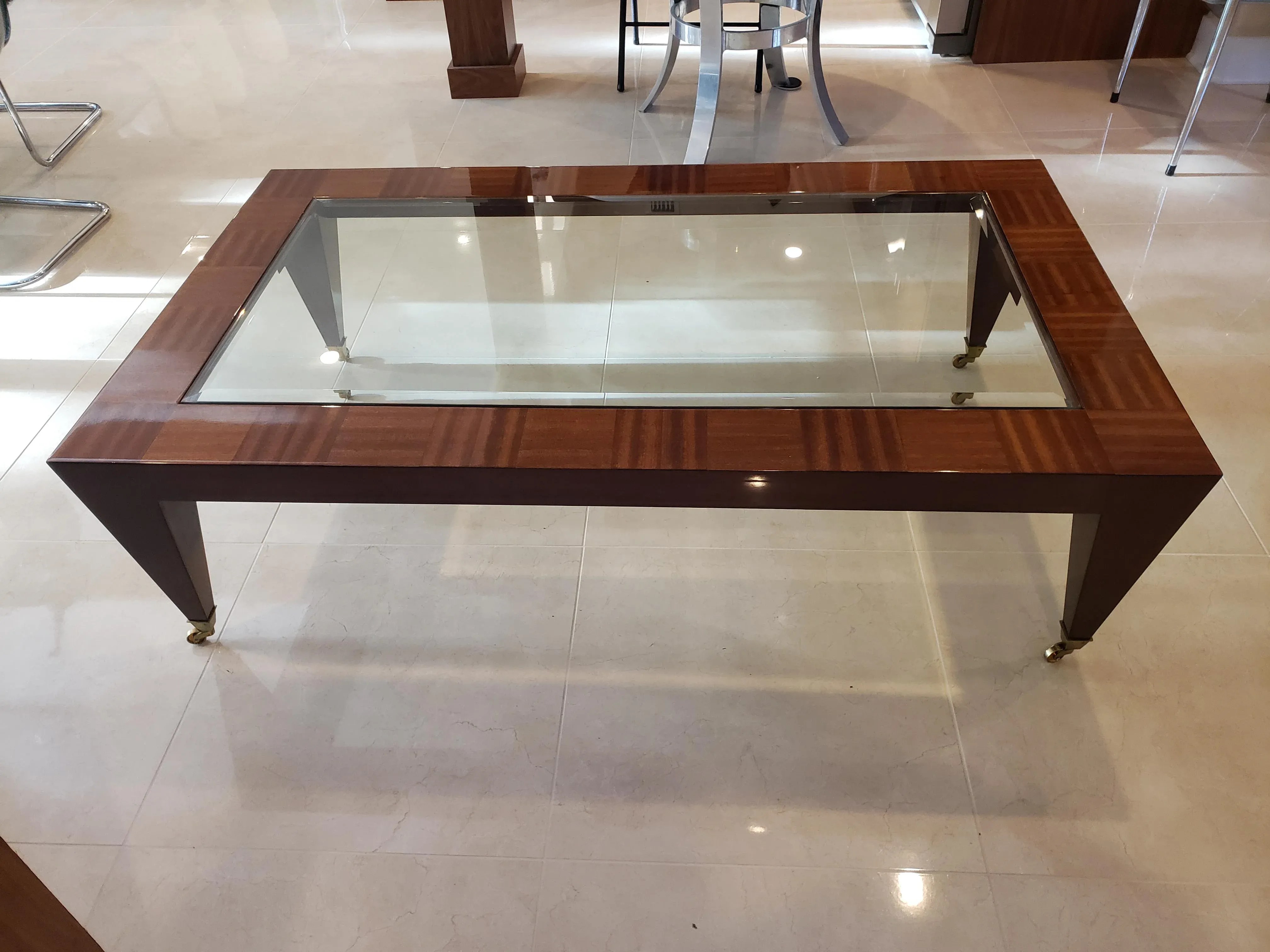 1980s Glass Inlaid in Wood Coffee Table With Brass Roller Feet, detail 9