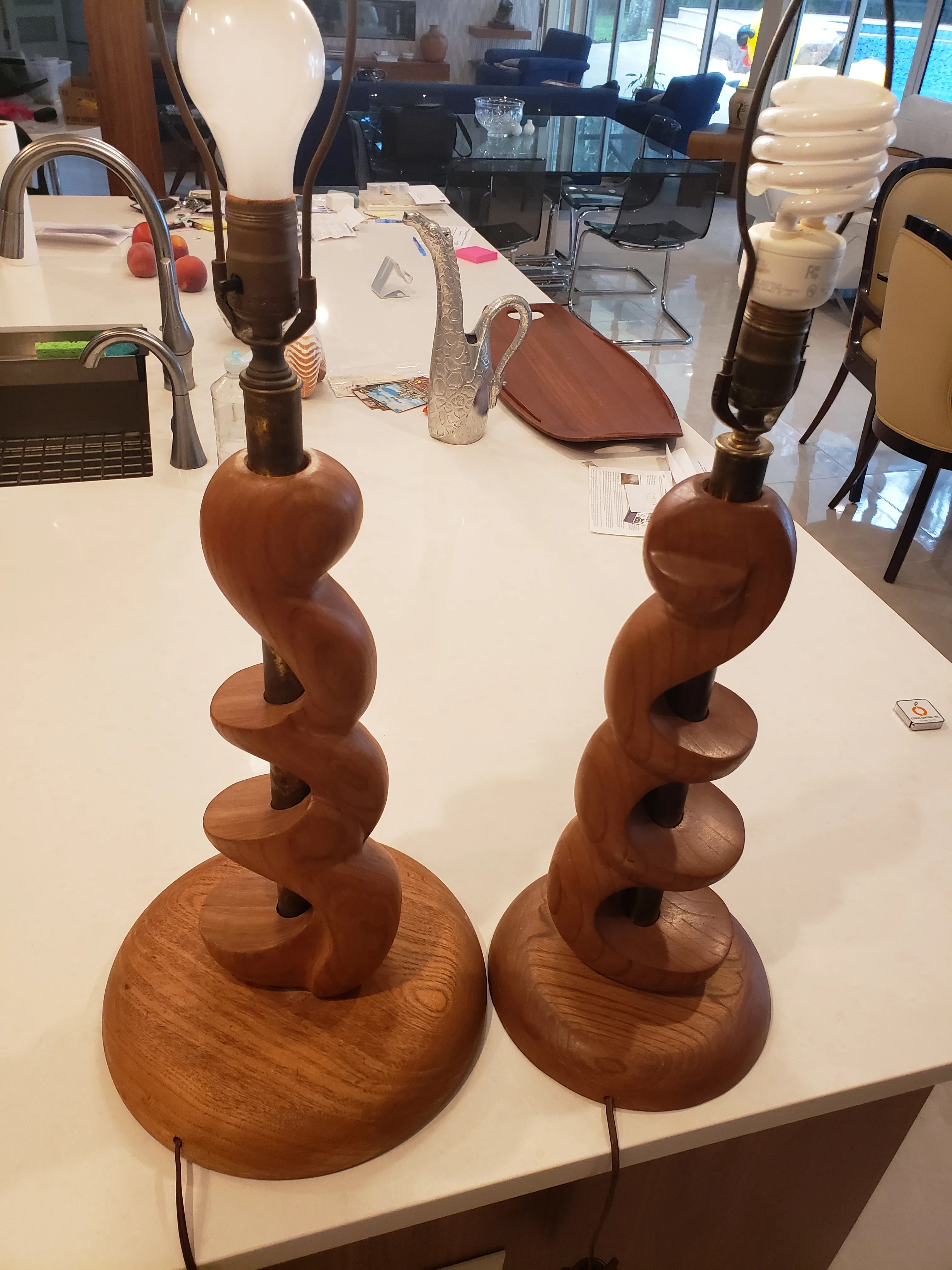 Mid-Century Organic Sculpture Form Wood Lamps - a Pair, detail 6