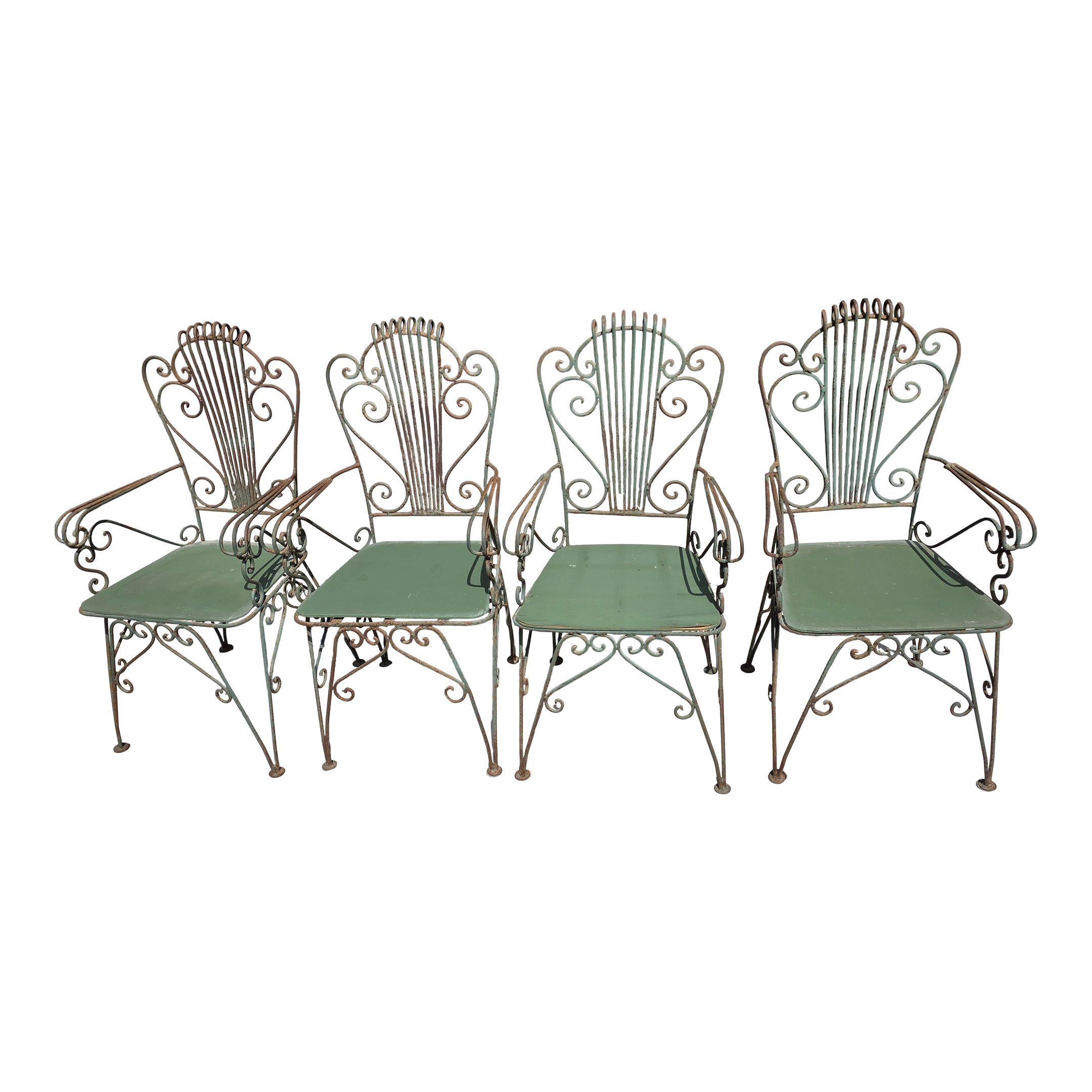Vintage Neoclassical Style Green Wrought Iron Lyre Harp Garden Chairs - Set of 4