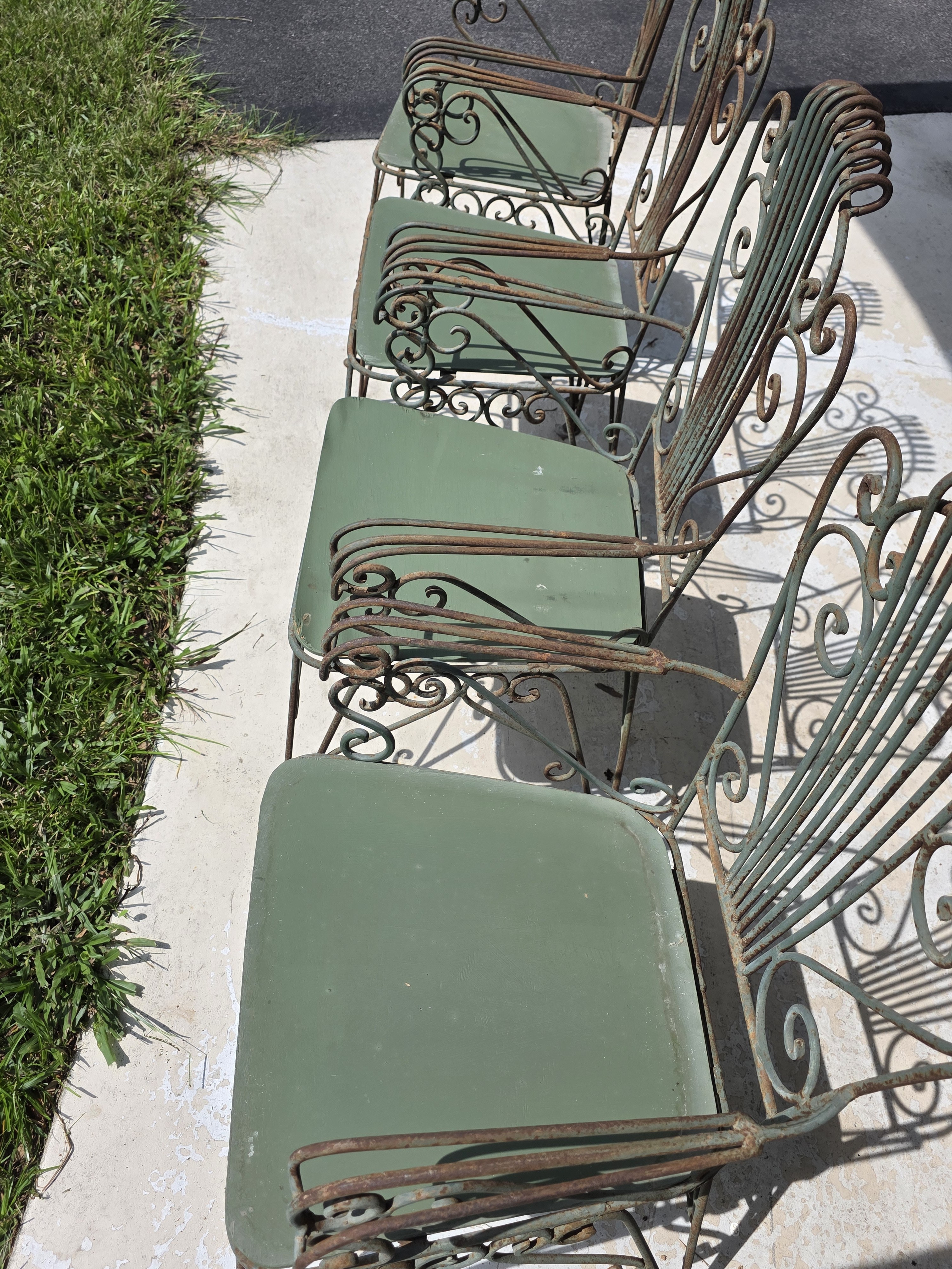 Vintage Neoclassical Style Green Wrought Iron Lyre Harp Garden Chairs - Set of 4, detail 10