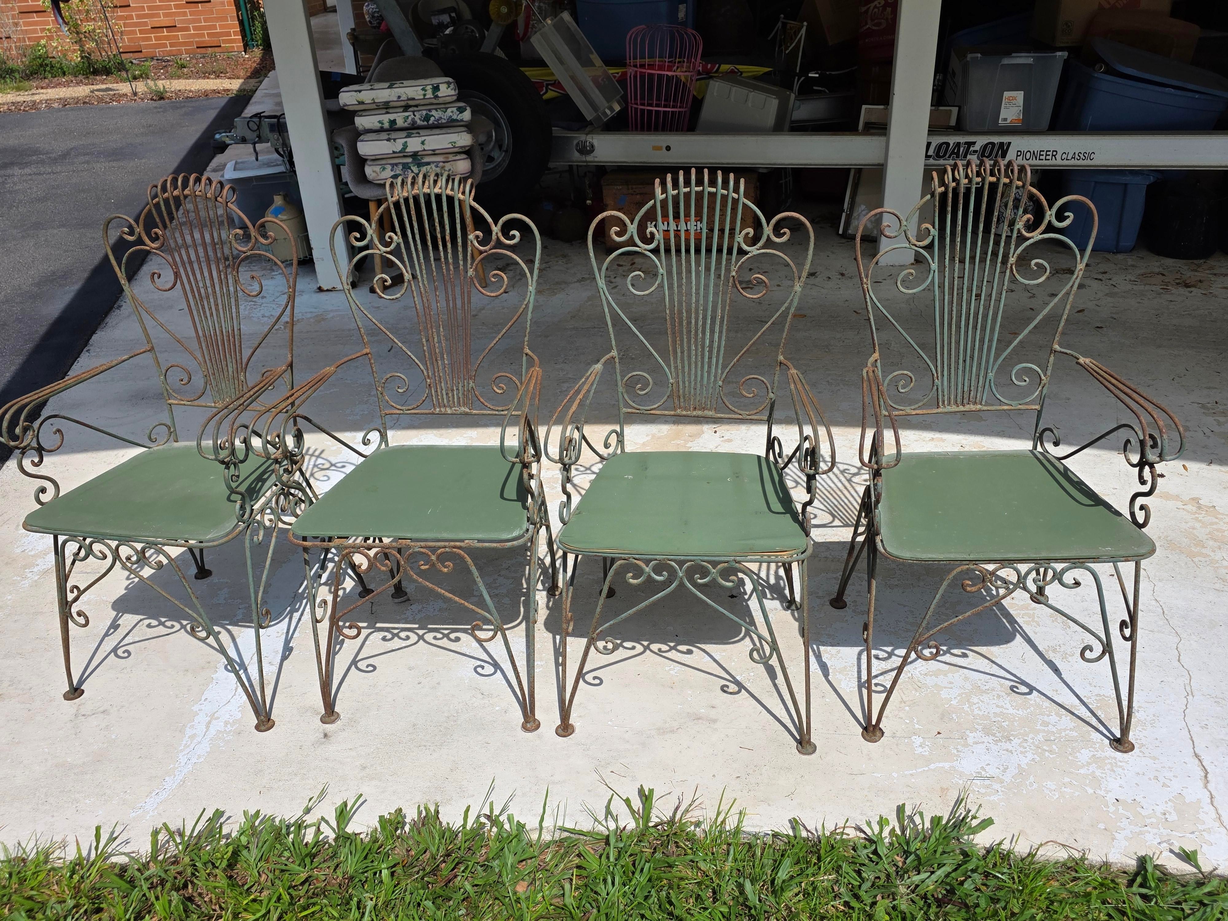 Vintage Neoclassical Style Green Wrought Iron Lyre Harp Garden Chairs - Set of 4, detail 2