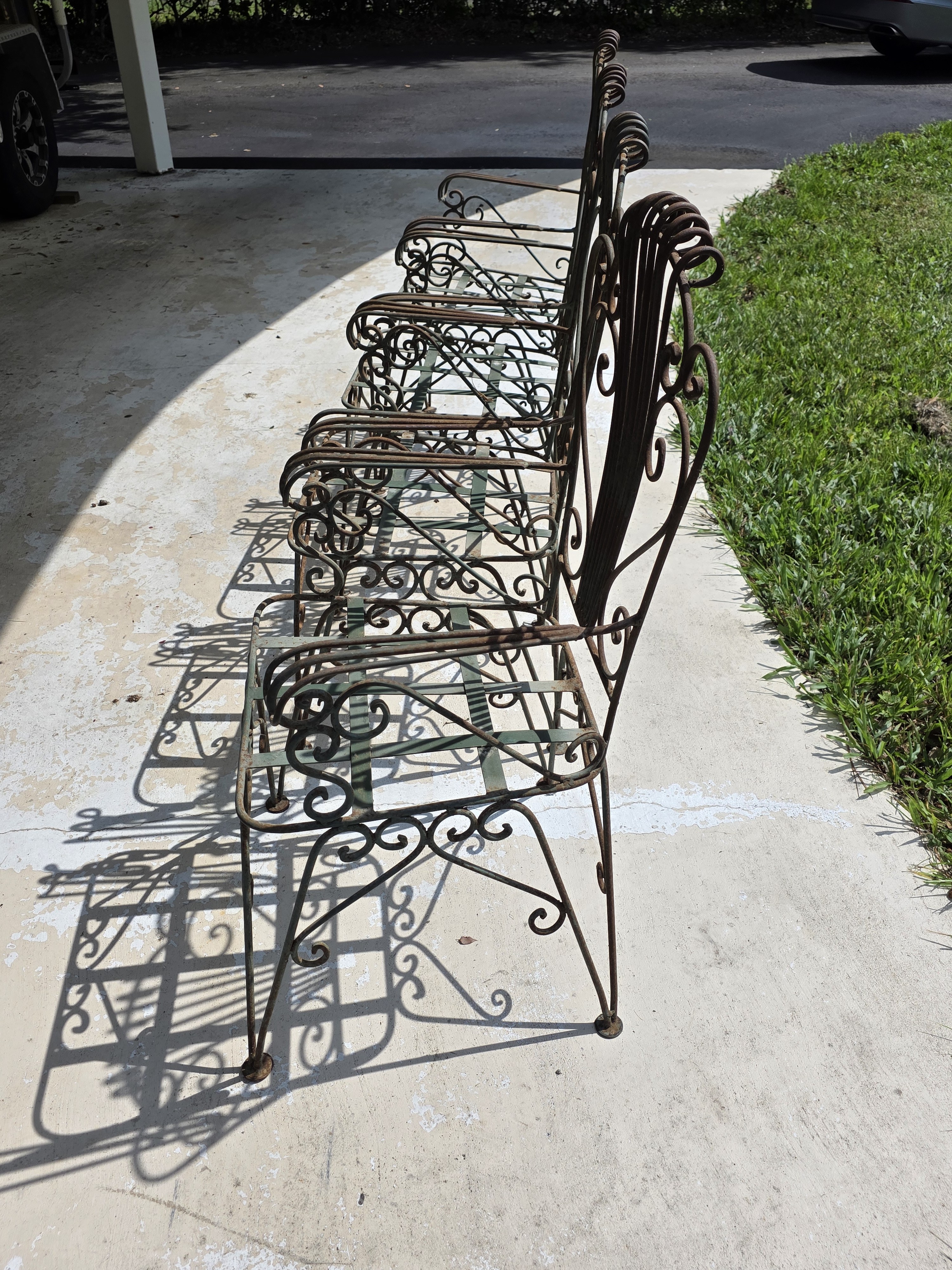 Vintage Neoclassical Style Green Wrought Iron Lyre Harp Garden Chairs - Set of 4, detail 3