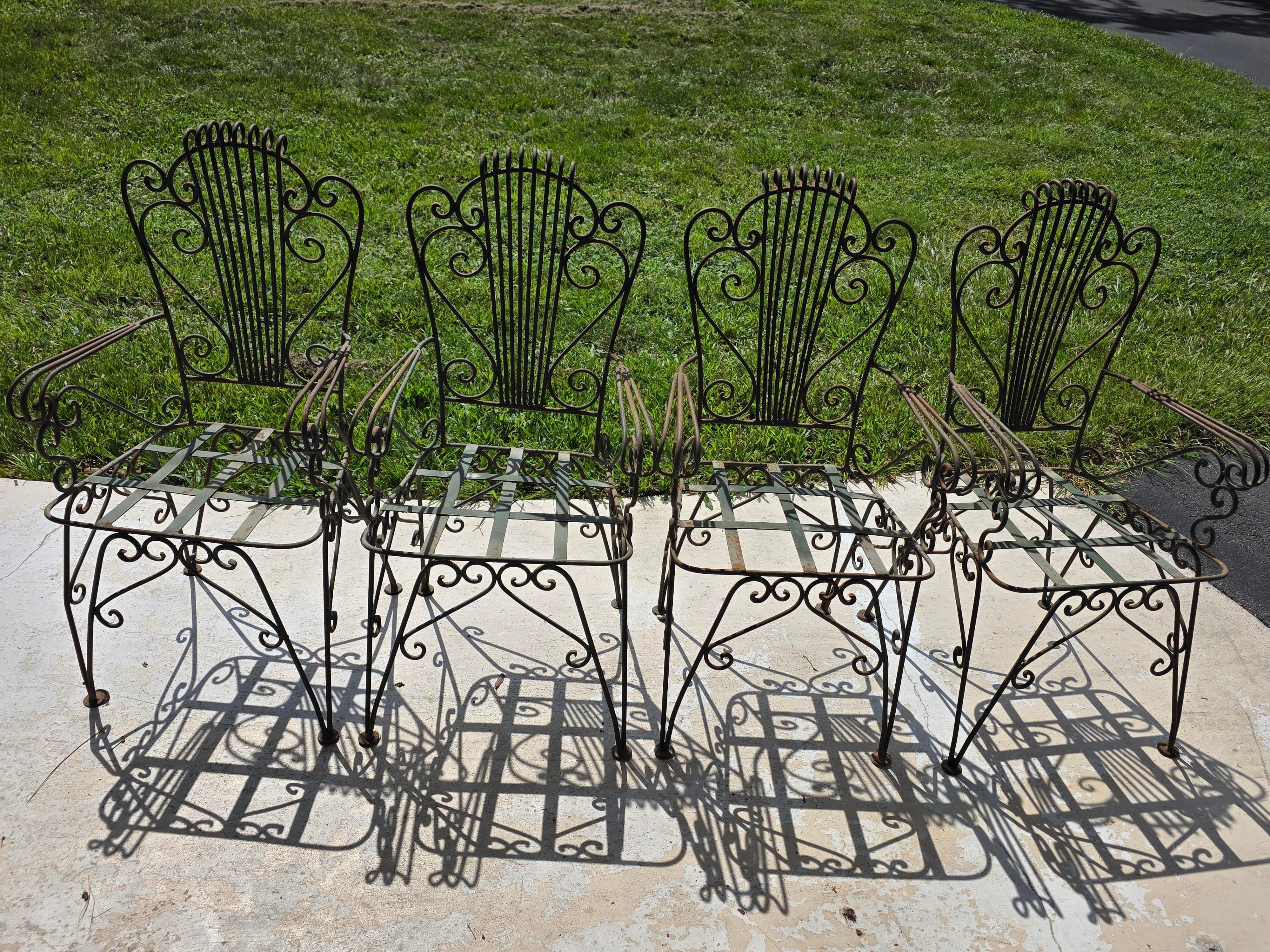 Vintage Neoclassical Style Green Wrought Iron Lyre Harp Garden Chairs - Set of 4, detail 6