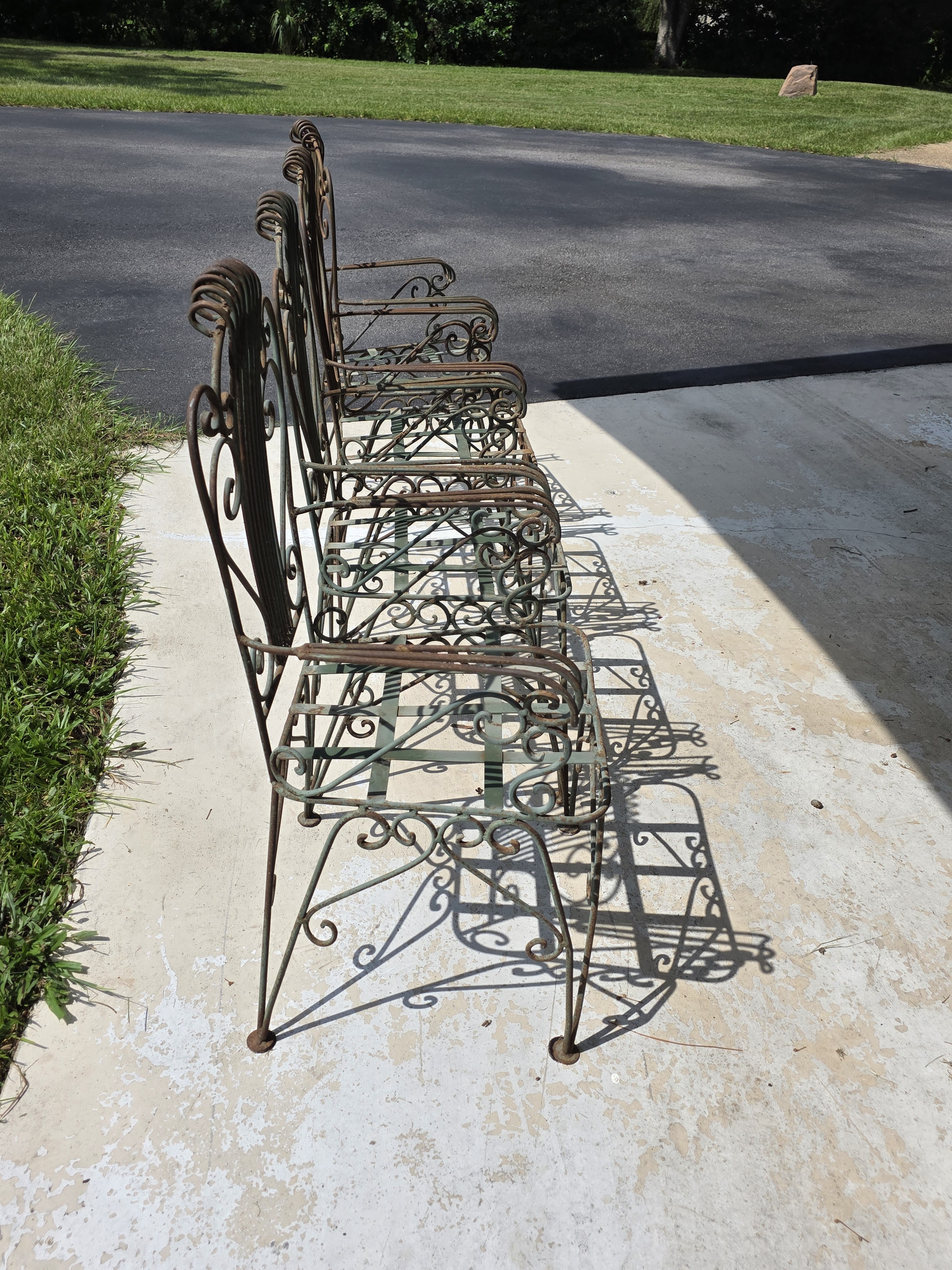 Vintage Neoclassical Style Green Wrought Iron Lyre Harp Garden Chairs - Set of 4, detail 7