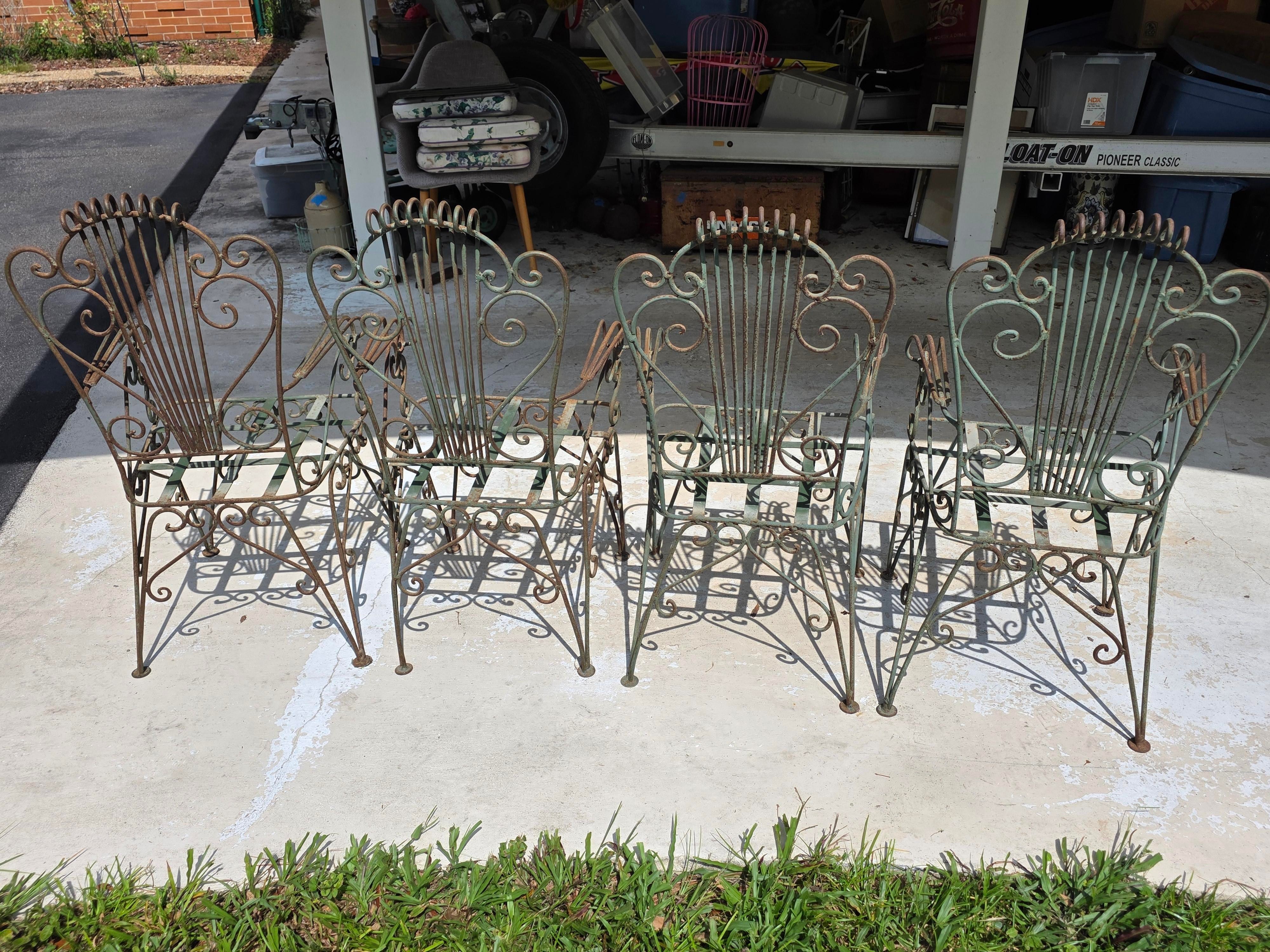 Vintage Neoclassical Style Green Wrought Iron Lyre Harp Garden Chairs - Set of 4, detail 8
