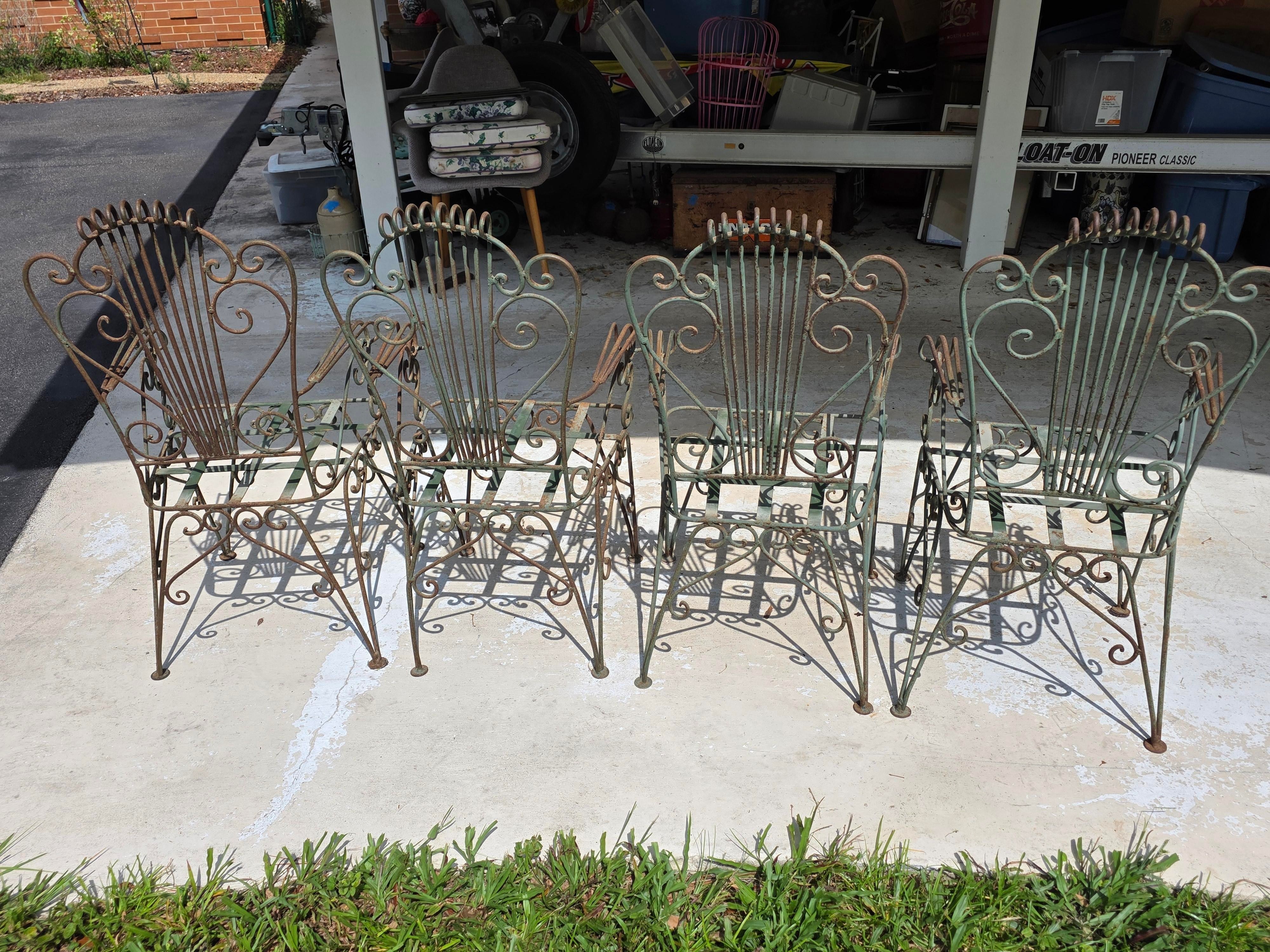Vintage Neoclassical Style Green Wrought Iron Lyre Harp Garden Chairs - Set of 4, detail 9