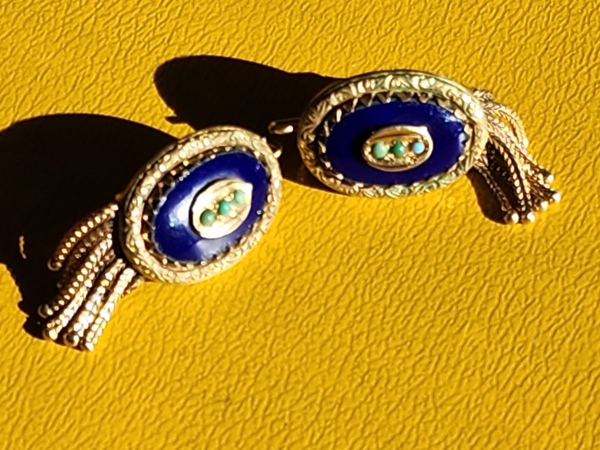 14k Yellow Gold Blue Enamel Tassel Earrings with Turquoise