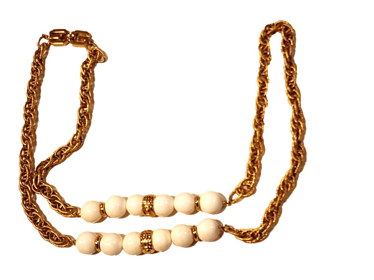 1977 Signed GIVENCHY White Beaded Necklace Gold Tone Chain