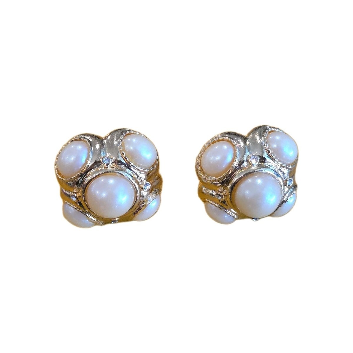 1980's Gold Chunky White Faux Pearl Bead Clip On Statement Earrings