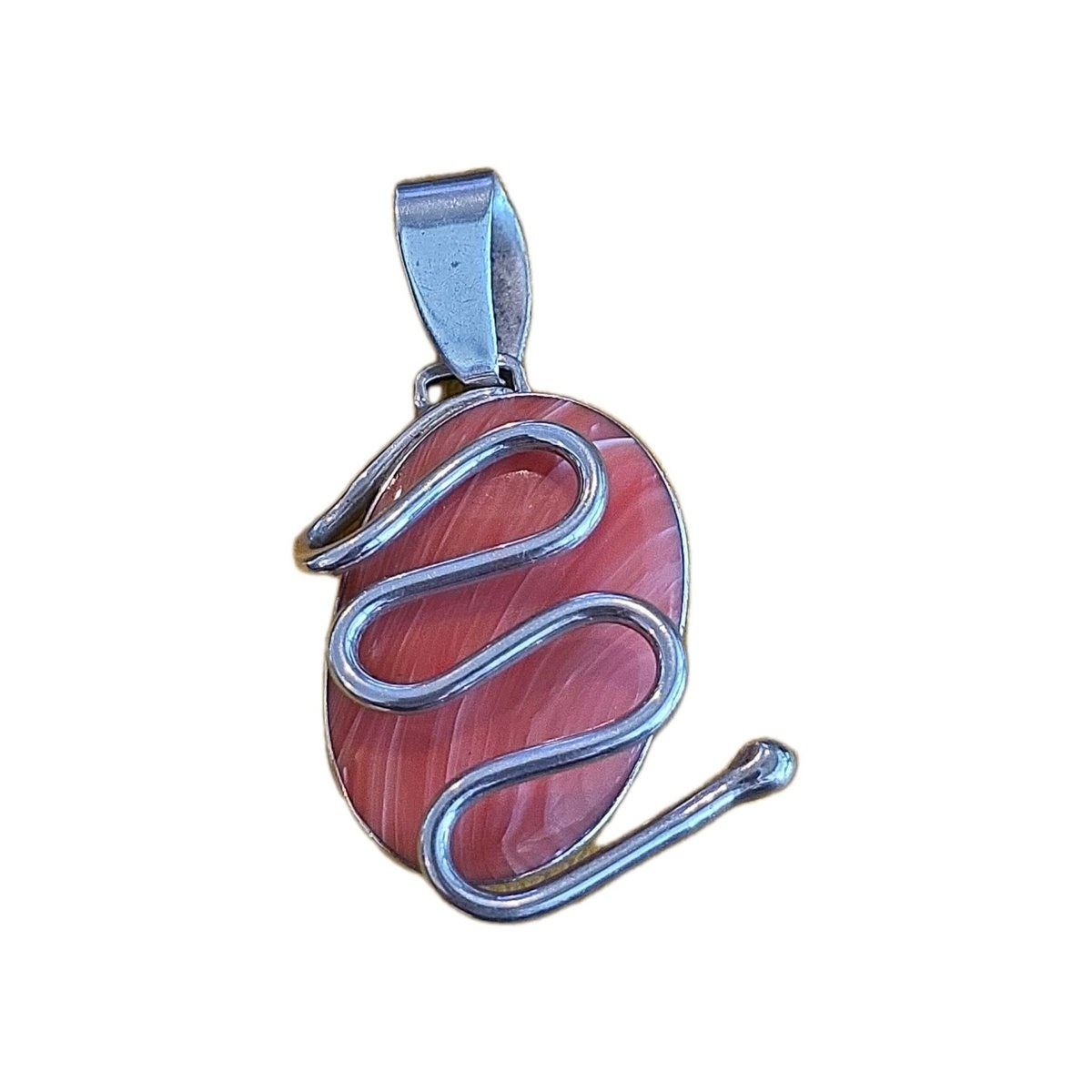 2"  MCM Modern Sterling 925 & Peach Agate Cabochon Triple Swag Pendant