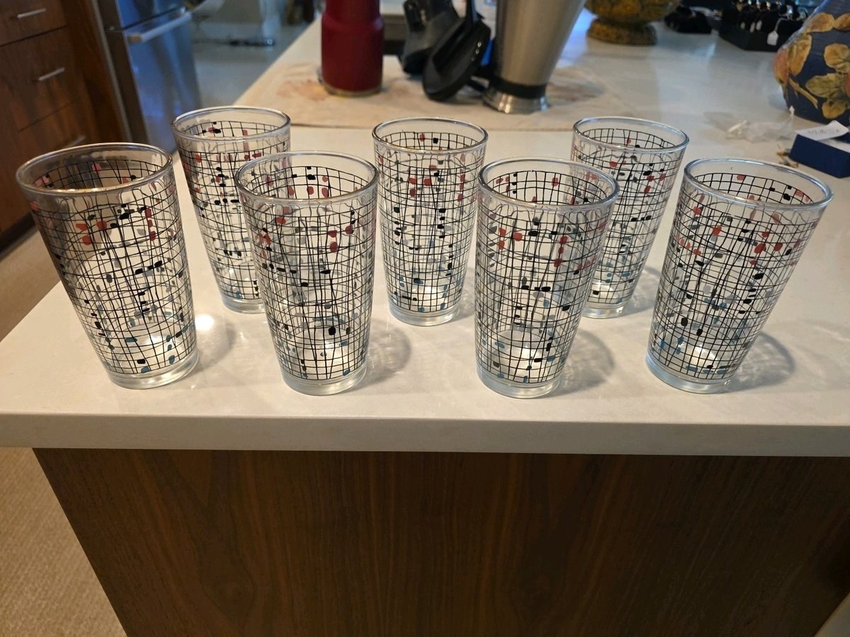 7 Vintage 1950’s Hazel Atlas Geometric Crosshatch Drinking Glasses Tumblers