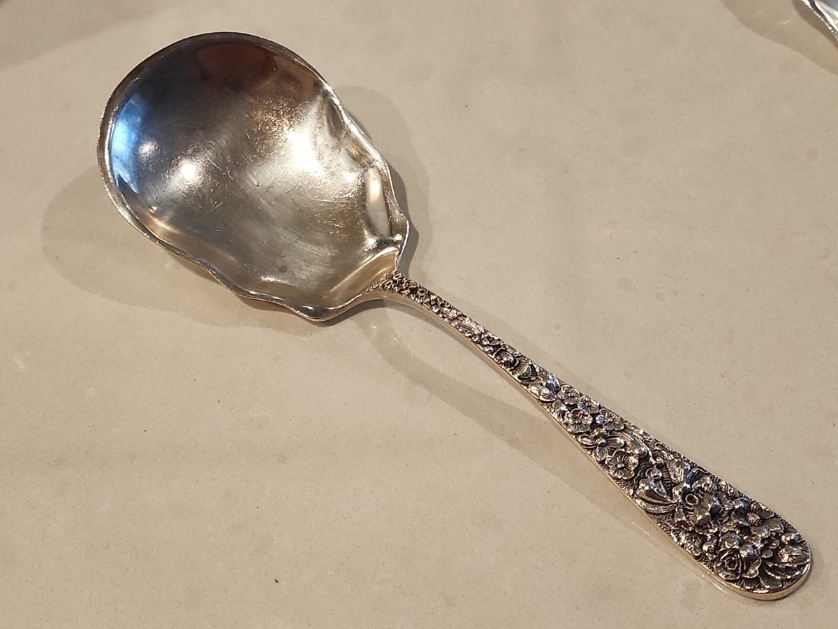 8" STERLING CHASED BERRY SPOON STIEFF "ROSE" 