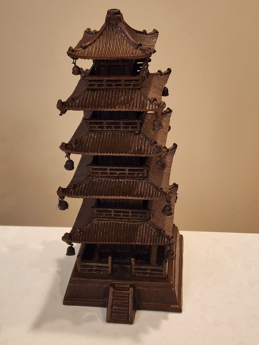 9" Old Chinese Bronze 5 layer Yellow Crane Tower House Attic Statue 