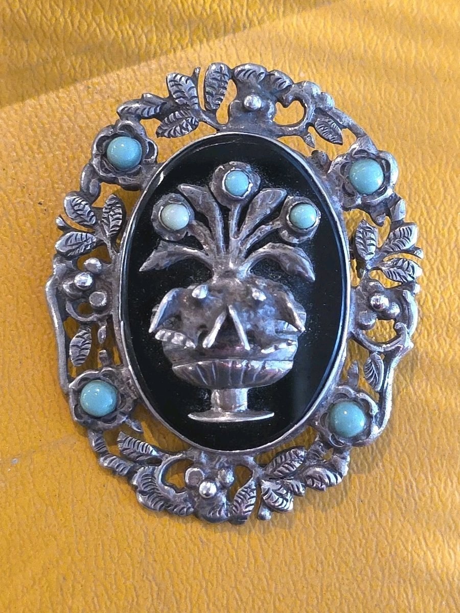 925 Sterling Silver Vintage Mexico Birds Birdbath Onyx Brooch Pin