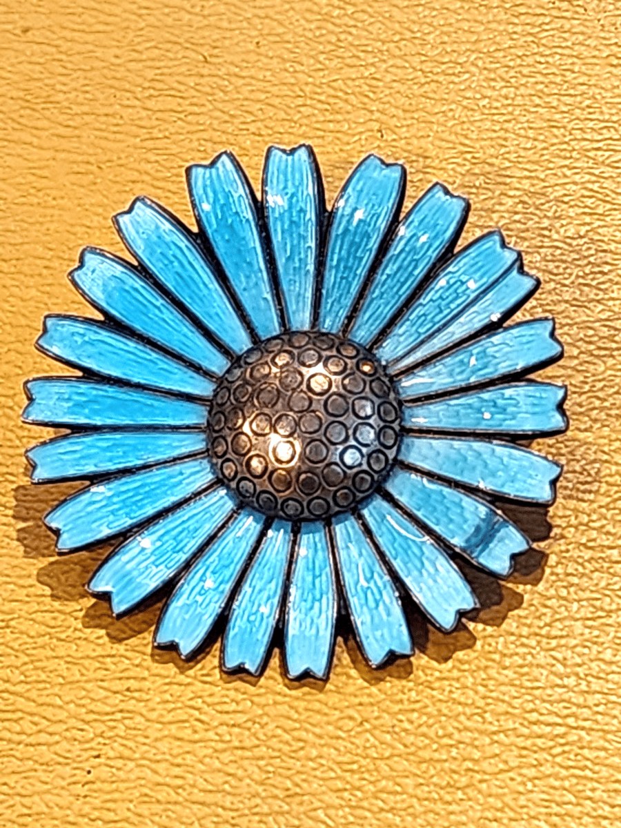 A. Michelsen. Gilded Silver Daisy Brooch  Pendant with Blue Enamel