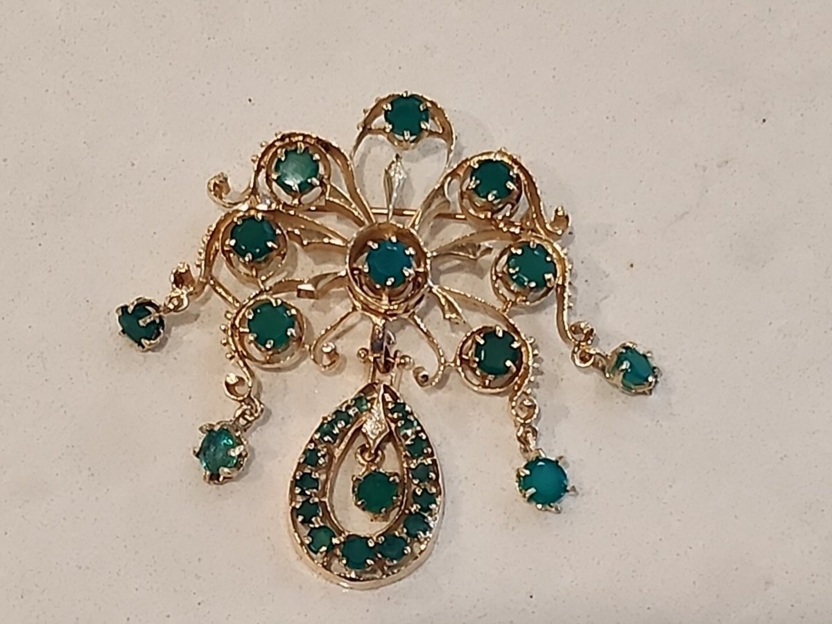  Antique 19c 14k GOLD Dangle Drop Emerald Chandelier  Brooch 2 1/4"