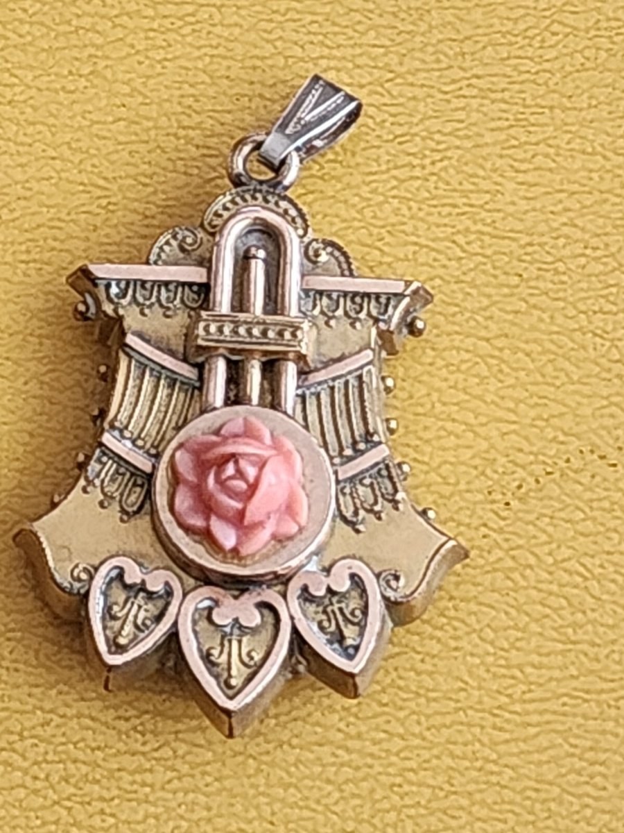 Antique Coral Rose Locket Goldplate Rare Wedding Rose Flower Pendant
