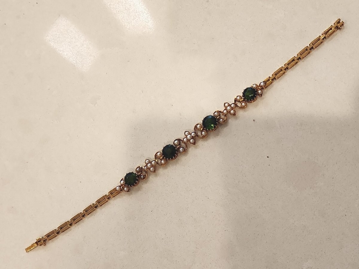 Antique Edwardian 15ct Gold Bracelet Tourmalines and Pearl 