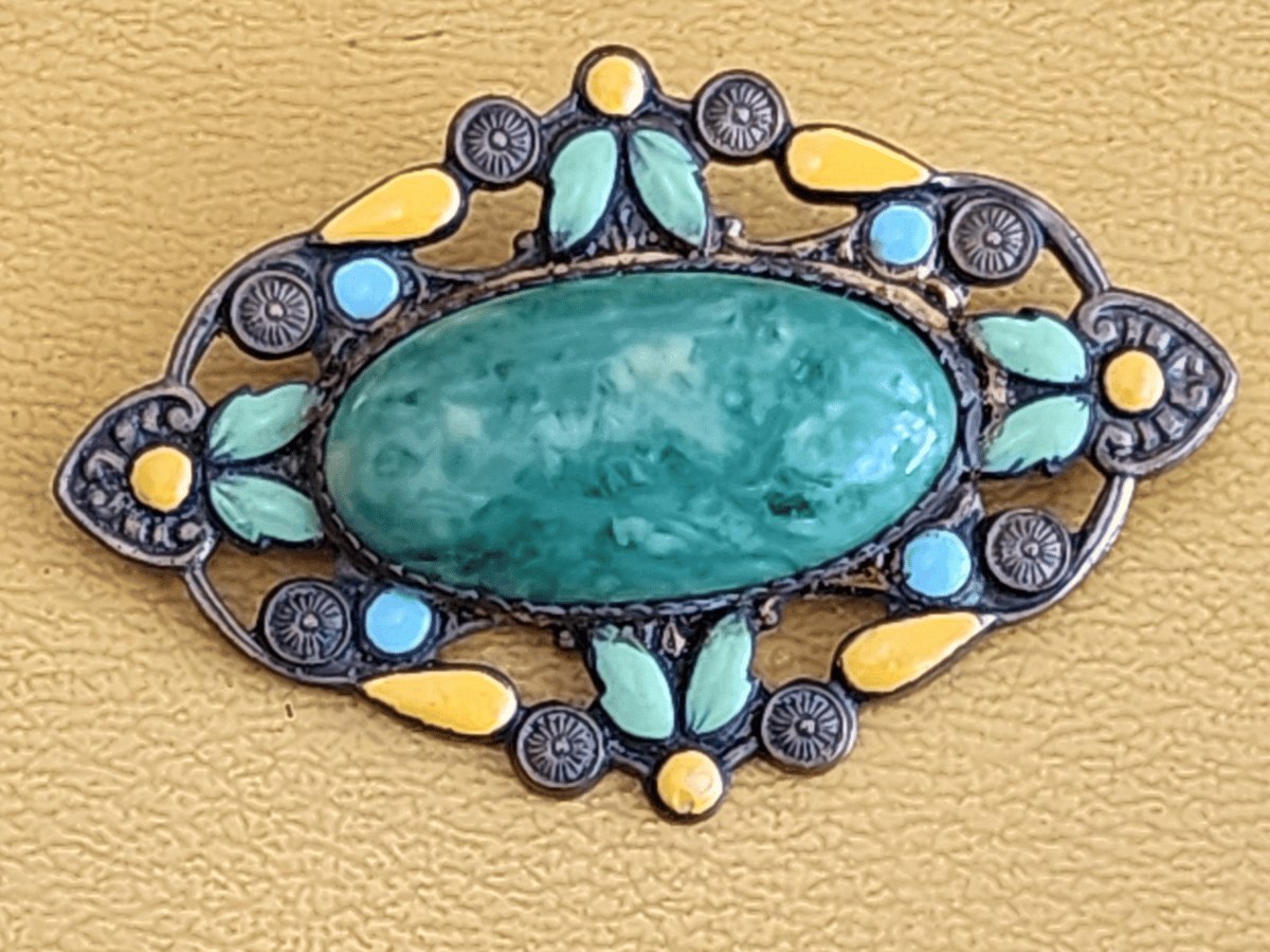 ANTIQUE EDWARDIAN BLUE & YELLOW ENAMEL PASTE EARLY PLASTIC BRASS BROOCH 2.5”