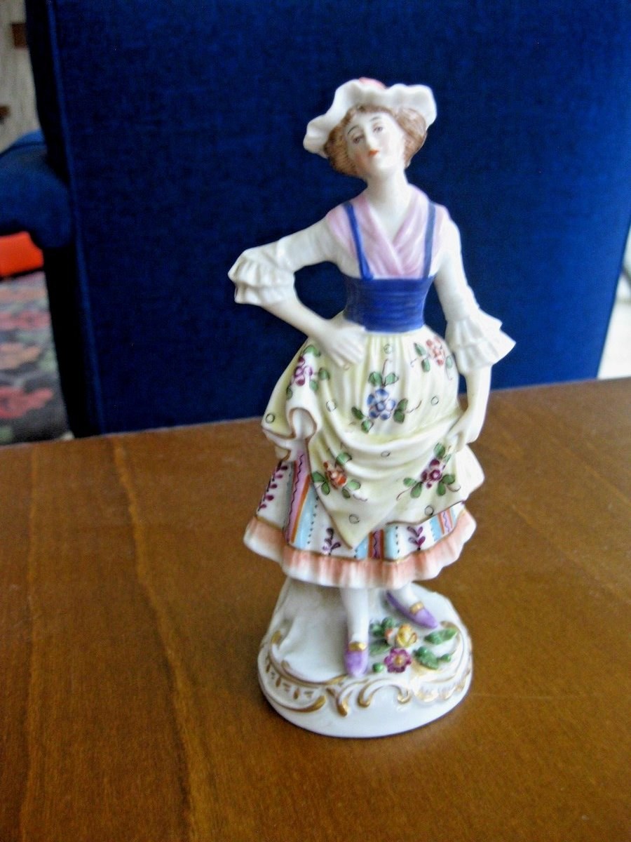 Antique German Porcelain Man Figurine Holding Bouquet of Flowers