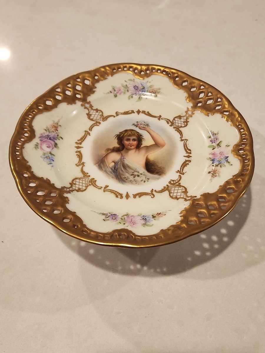 Antique Germany Compote Openwork Porcelain with Hand-Painted Portrait