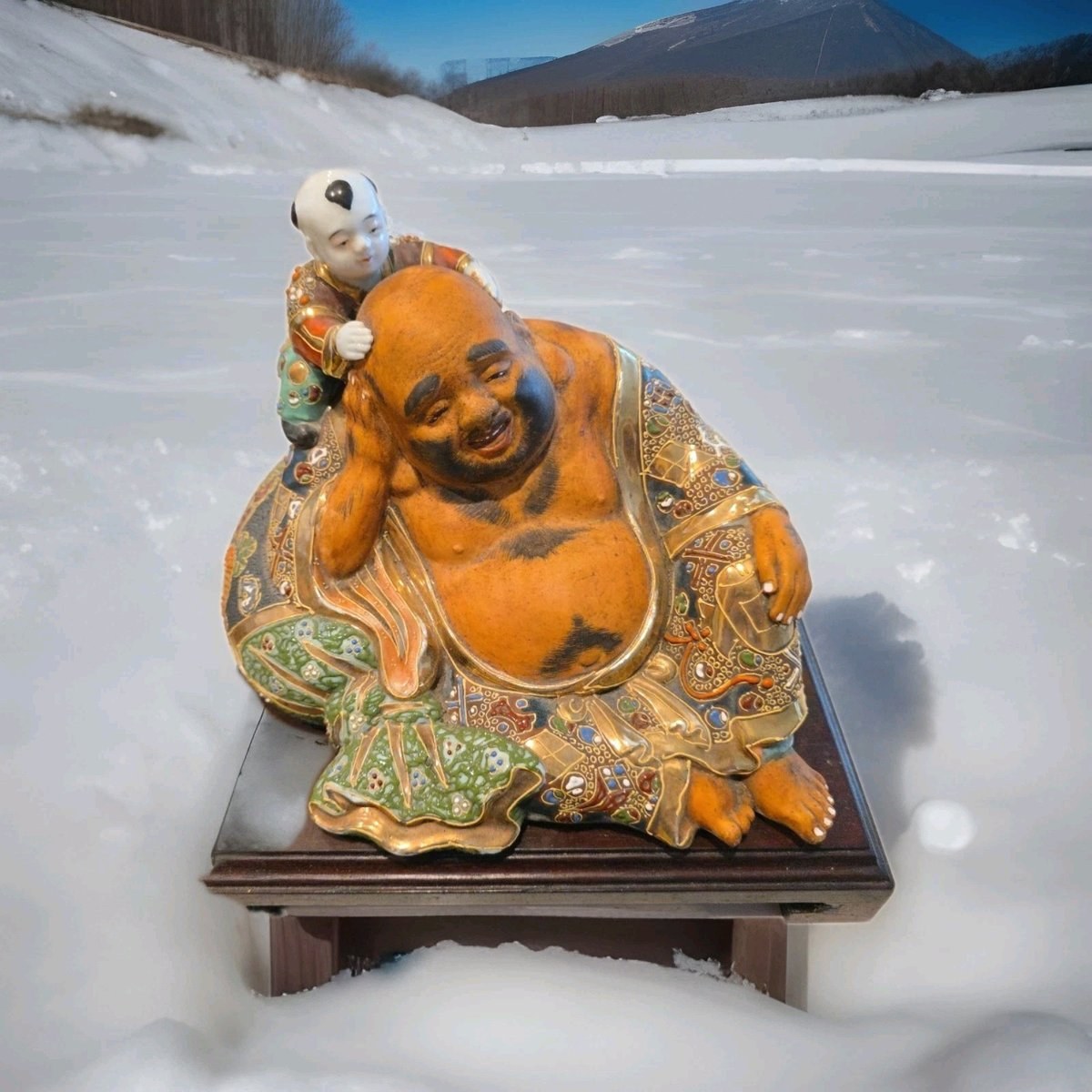 Antique Japanese Laughing Buddha with Child