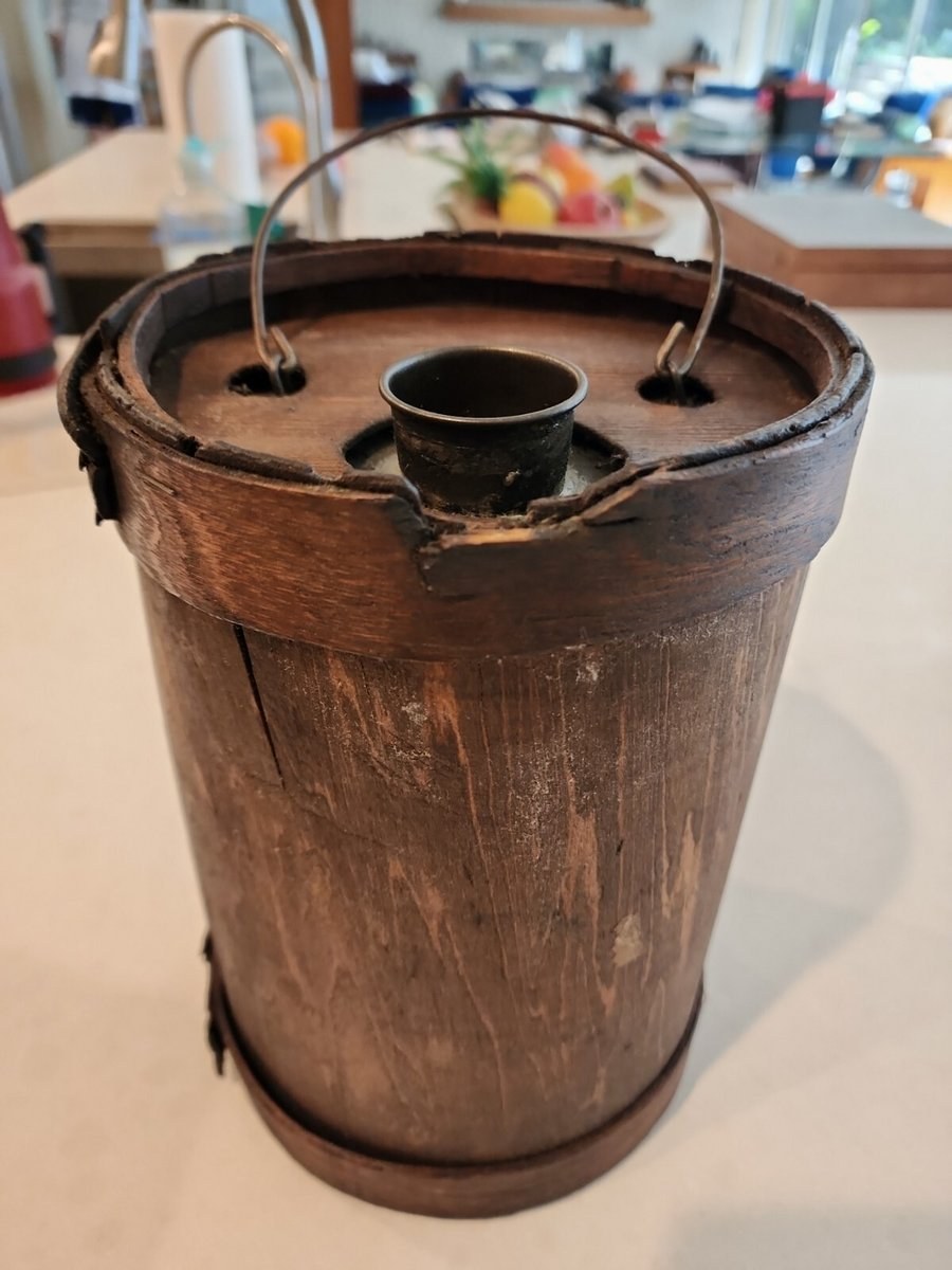 Antique Mid-Late 1800's Wood Wrapped Tin Cone Top Cork Sealed Kerosene Can 