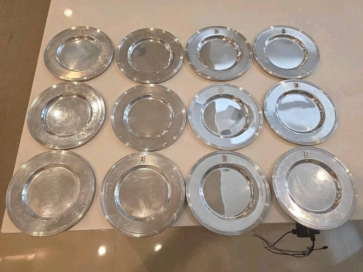 Antique Set of 12 Monogram Sterling Silver Bread & Butter 6" Plates  