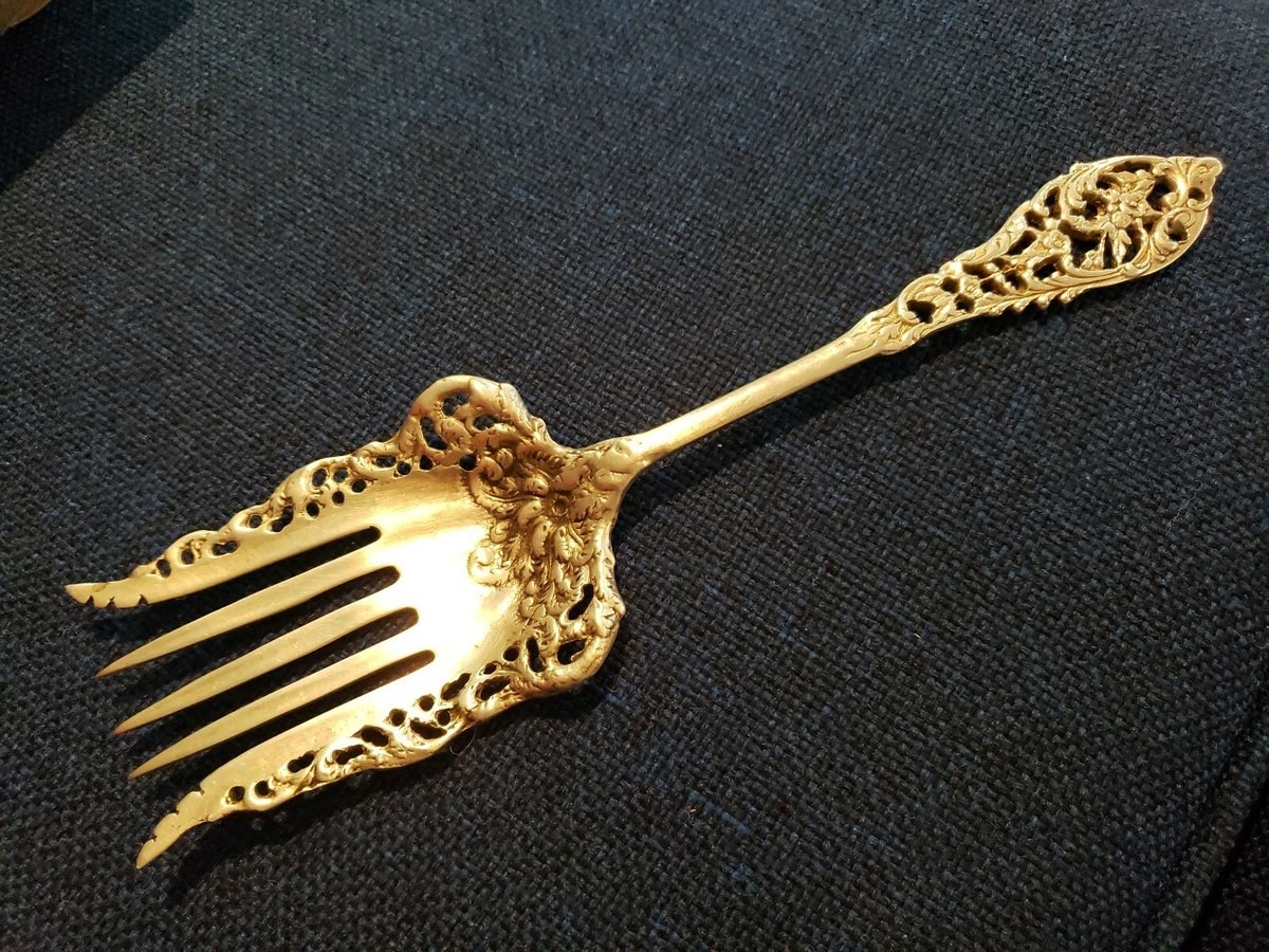 Antique Signed Sterling Silver Buffet Fork 11"  Pierced with Flowers  