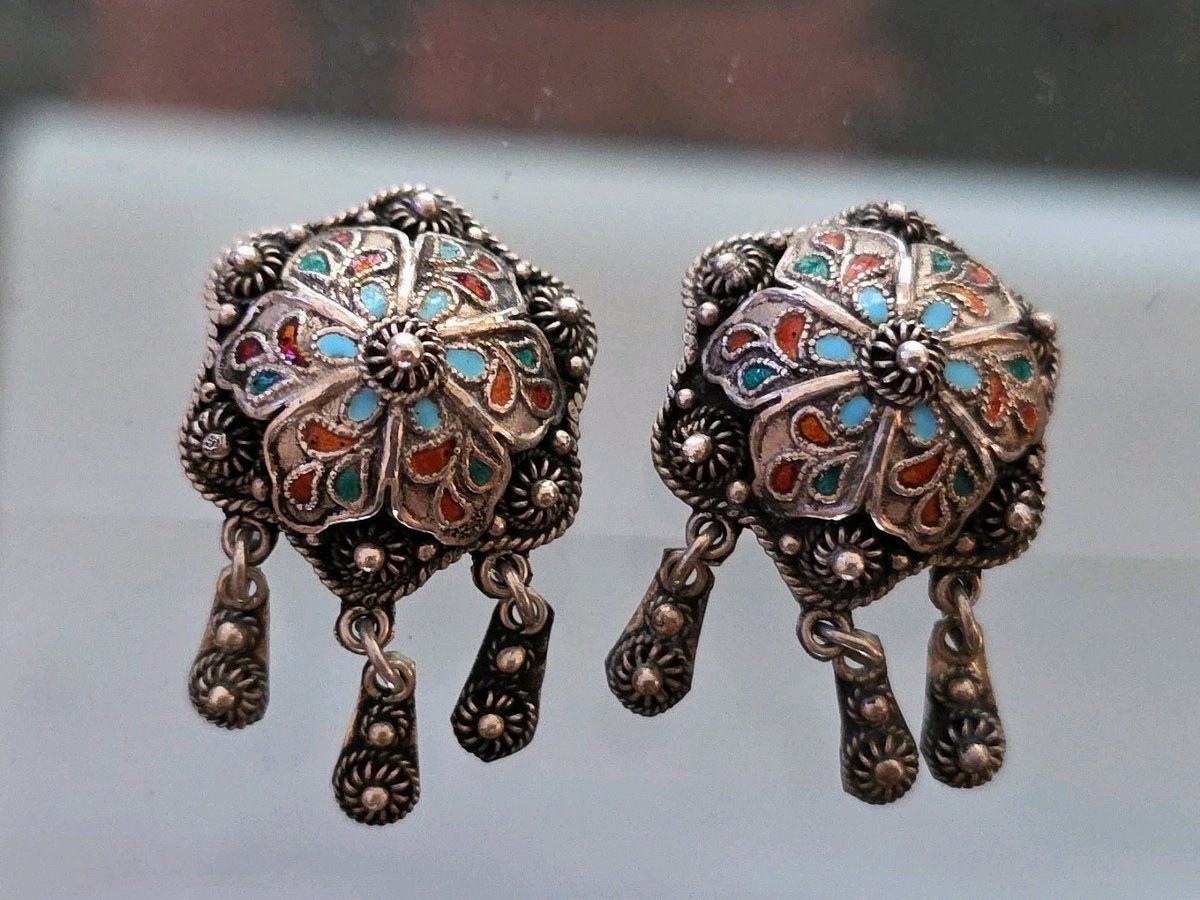 Antique Silver Highly Decorated  Granulation Enamel Bell Earrings  w Clapper
