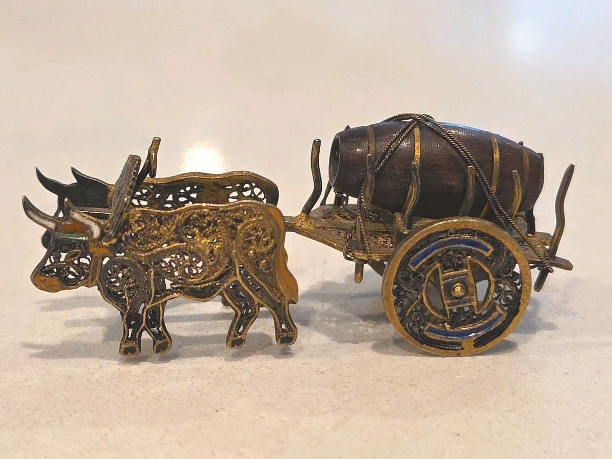 Antique Sterling & Enamel Filigree Miniature Tiny Ox Cart & Wood Barrow 