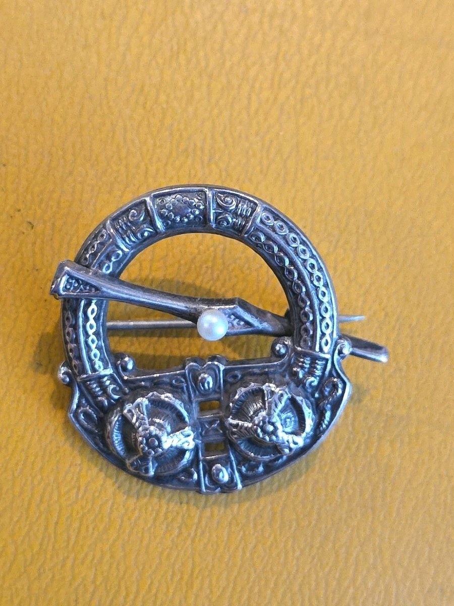 Antique Sterling Penannular W Sea Serpent & Pearl 1918