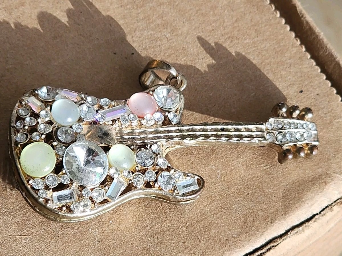 Beautiful Vintage Rhinestone Guitar Pendant
