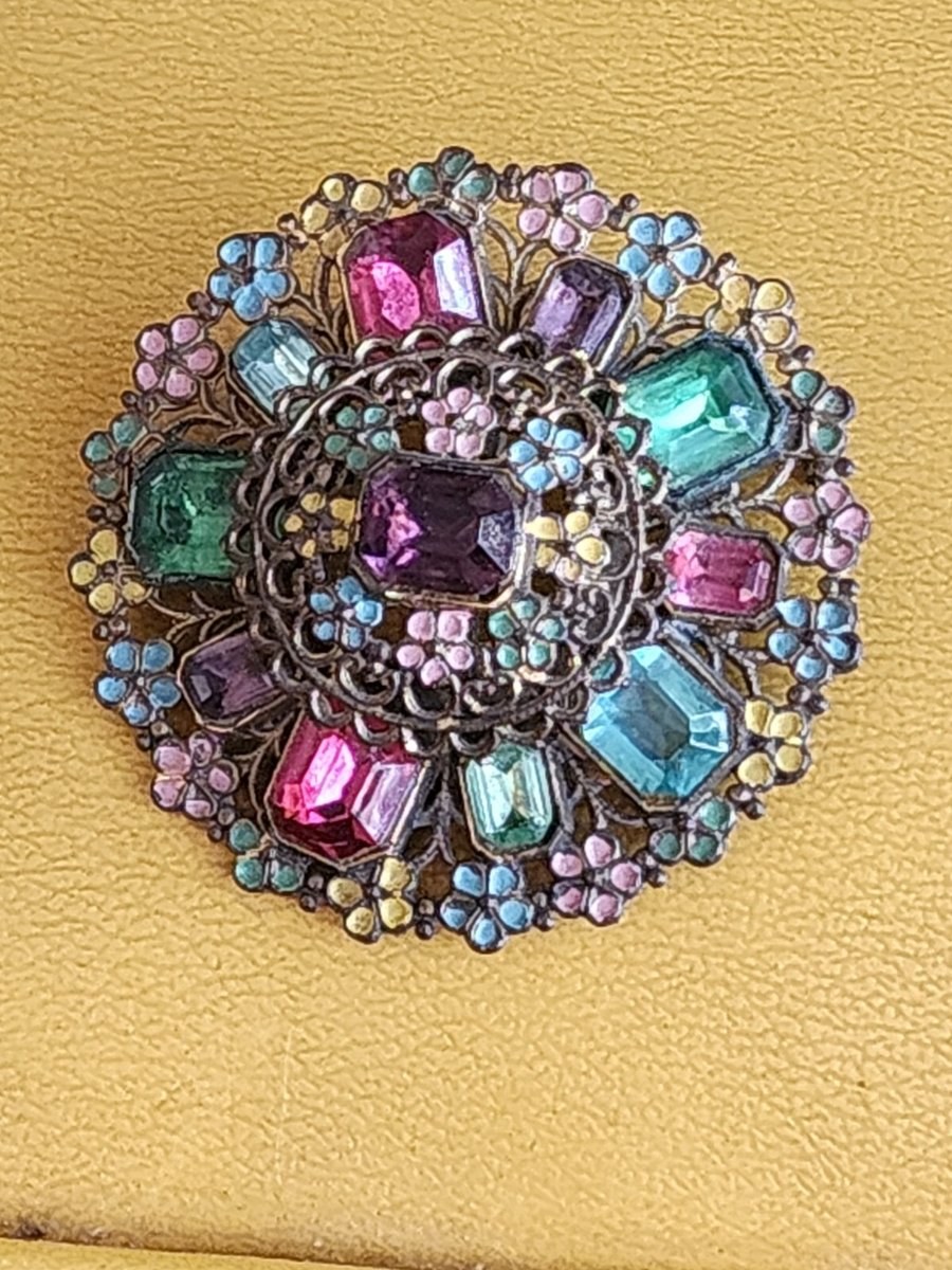 Big Vintage Pin Brooch with Colorful Stones & Painted Flowers 1930's-40's