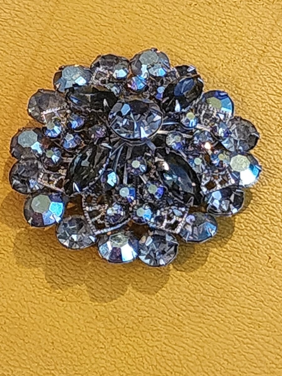 Blue Domed Rhinestone Brooch Navettes AB Chatons Vintage