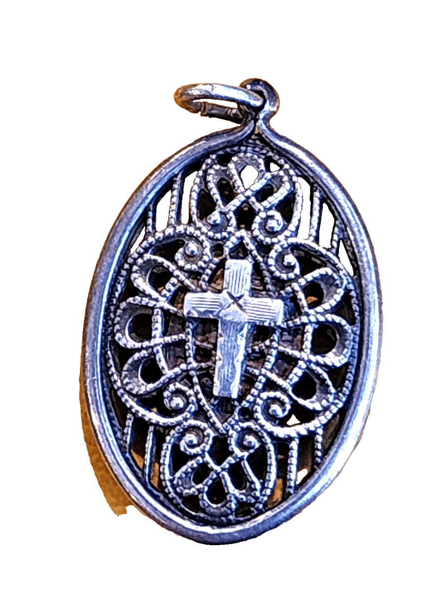 Caged Miraculous Medal in Vintage Filligree Sterling Cross Pend