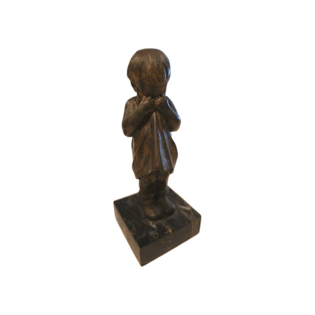 Cast Bronze Figurine Of A Boy Crying Into His Shirt On A Marble Plinth Vintage