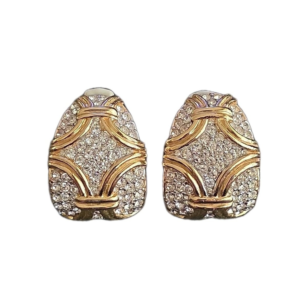 CINER 1980s Diamante Earrings Huge Gold-plated White Crystal Signed Clip-ons