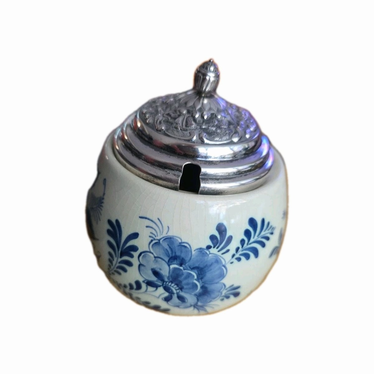 Delf Holland Handpainted Bonbonniere/ Mustard Dish With Silverplate Lid