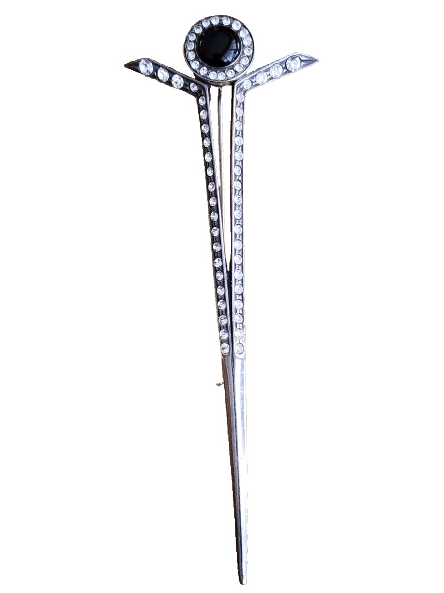 Designer Crafted Sterling Silver Rhinestone & Black Onyx 3-7/8" Long Pin Brooch 