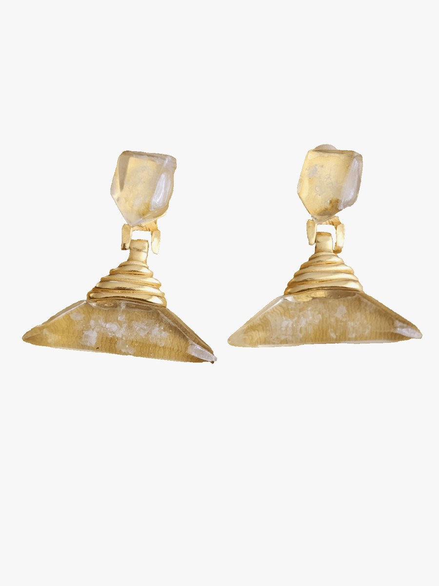 Dominique Denaive Paris Women’s Clip Earrings Gold Plate Clear Resin Chunky 2”
