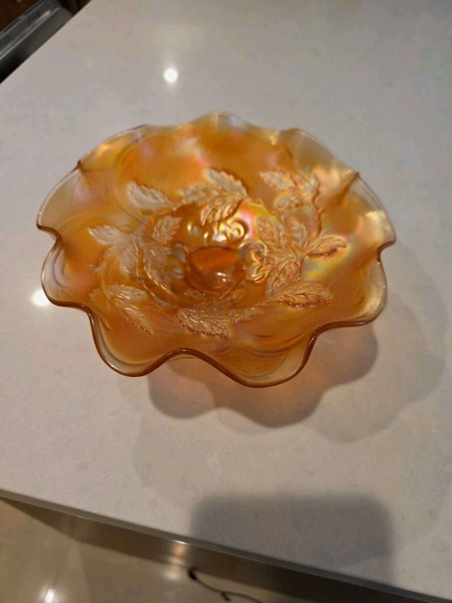 Dugan Amethyst Carnival Glass Cherries Three Footed Antique Bowl 1910s