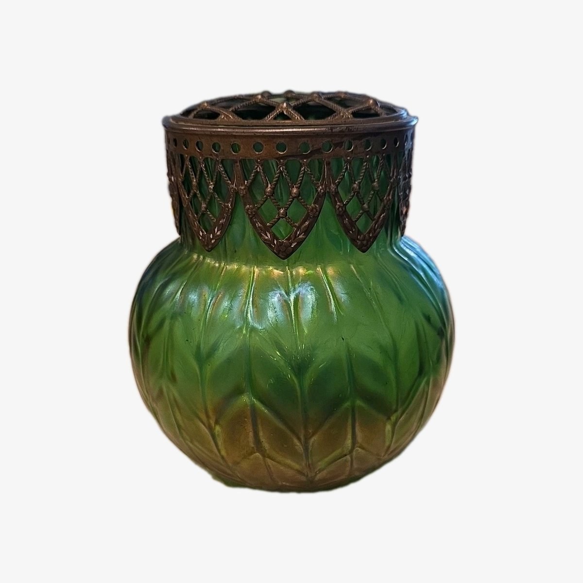 Early 20th c Loetz Style Green Iridescent Art Glass Vase w/Brass Filigree Collar