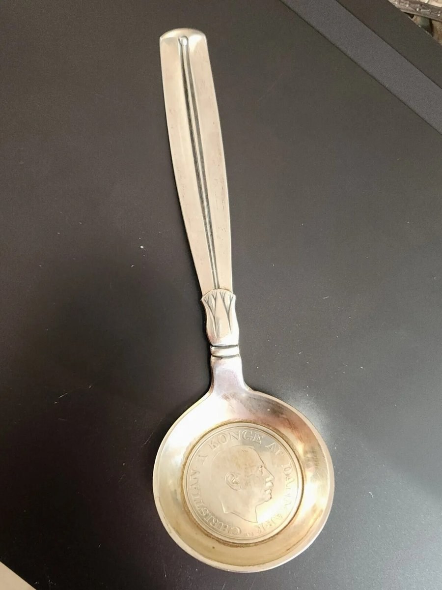 Embedded Commemorative Danish Silver Coin Spoon Christian x Konge 1870-1945