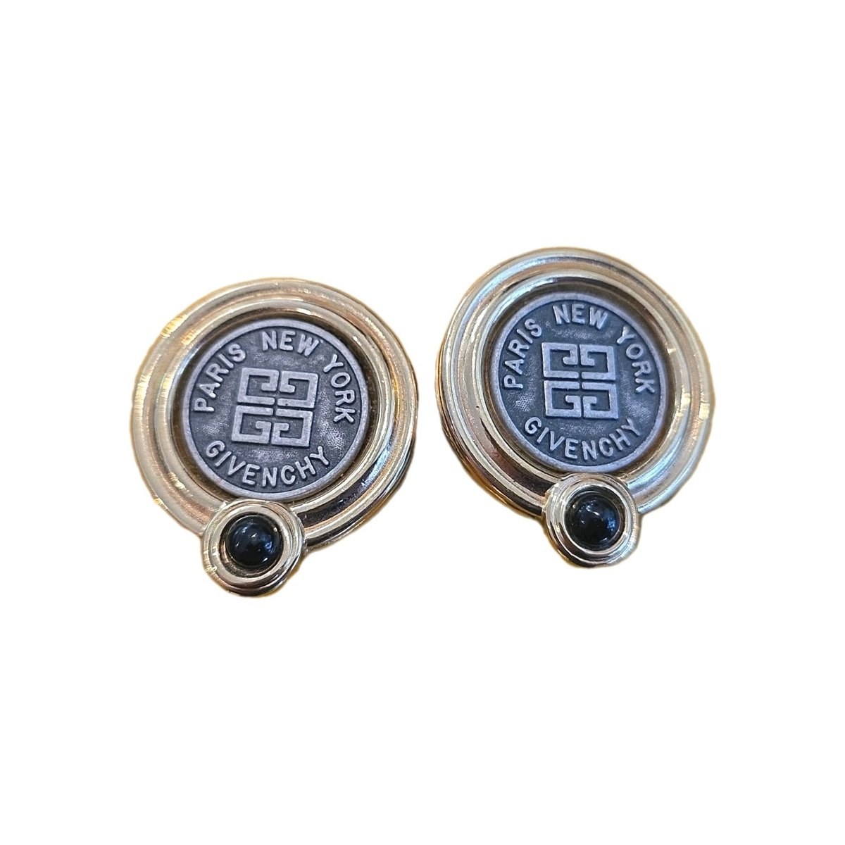 Givenchy Paris New York Logo Coin Blue Cabochon CLIP-ON Earrings Gold tone