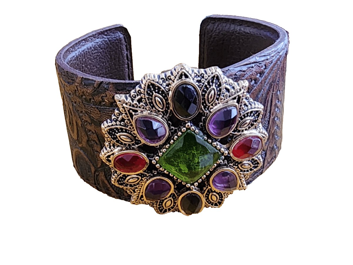 Gorgeous New Barse Cuff Bracelet, Genuine Stones & Genuine Leather