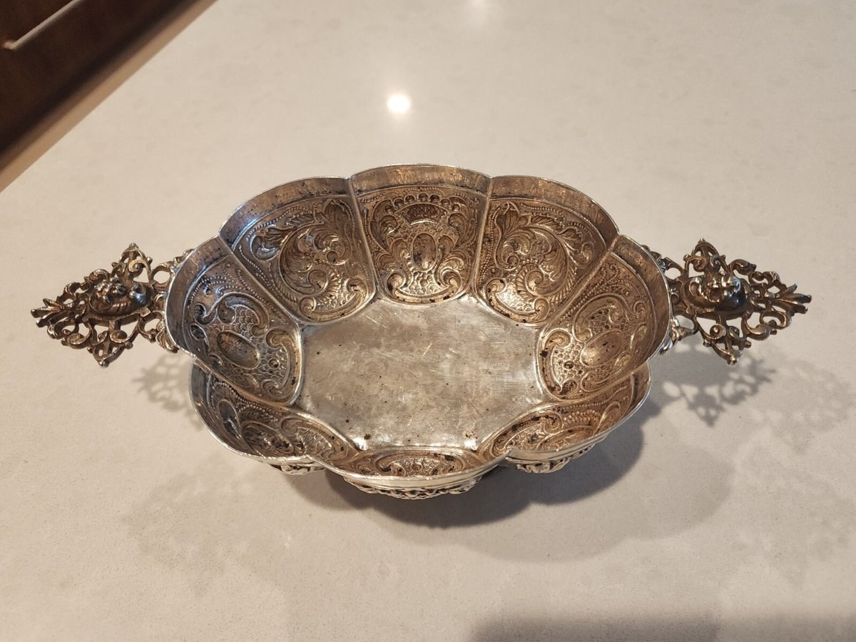 Hand Chased DUTCH .833 SILVER FOOTED BRANDY BOWL CHERUB HANDLES, FLUTED PANELED