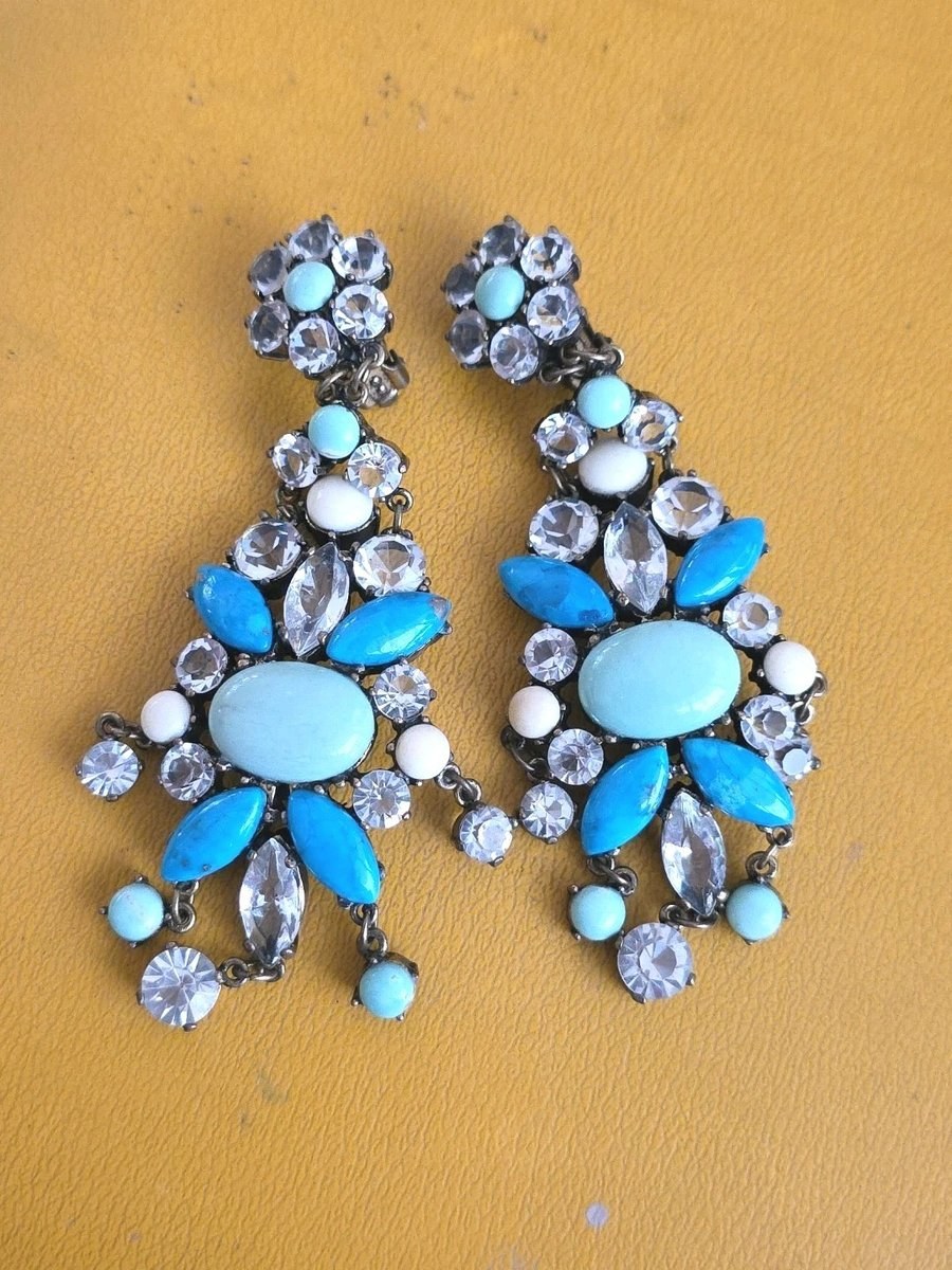 Hattie Carnegie Style Huge Turquoise Blue Cabochon Rhinestone Earrings