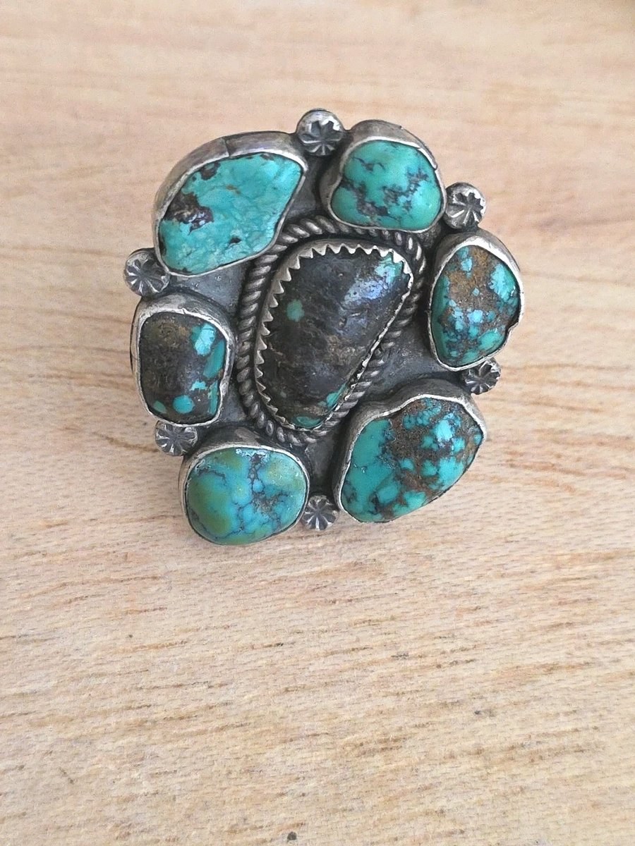 Huge Navajo Ring 925 Silver Natural Turquoise 7 Stone