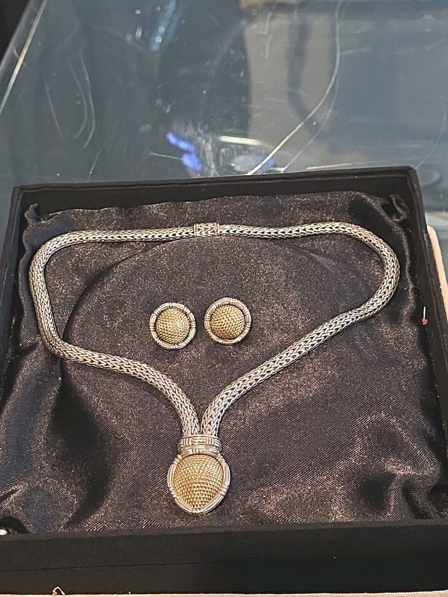 JOHN HARDY STERLING SILVER & 18K GOLD NECKLACE & EARRINGS 18K BASKETWEAVE CENTER